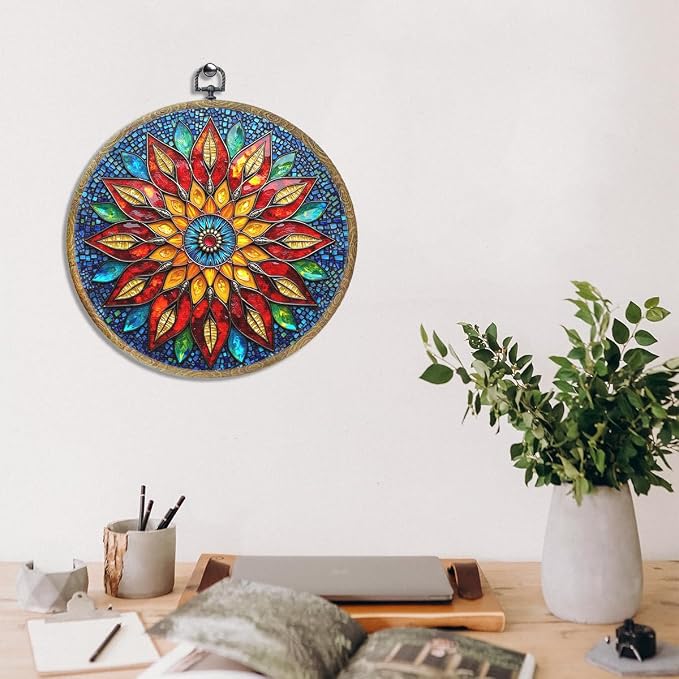 Colorful Geometric Mandala Framed Round Wall Decor Canvas Wall Art Hanging - Image 4