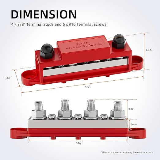 400A Power Distribution Block 12V Bus Bar 4 x 3/8" (M10) Terminal Studs and 6 x #10 Terminal Screws 12 Volt Marine Bus Bar Positive & Negative for Boat Automotive Solar System