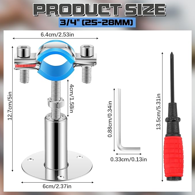 12 Pcs 304 Stainless Steel Wall Mount Ceiling Mount Pipe Supports Bracket, Suitable for OD 3/4"(25-28mm), Adjustable Height 50-100mm, Adjustable Pipe Strap Clamp with Screws and Screwdriver