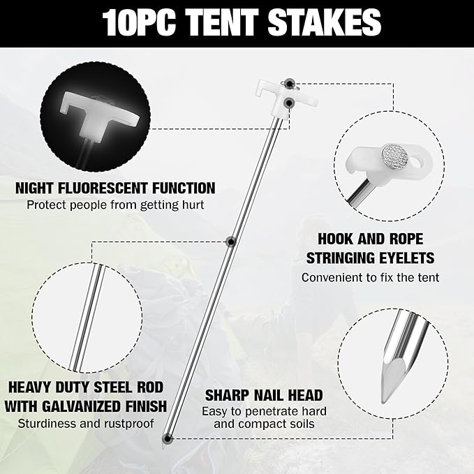 WORKPRO Tent Stakes and Hammer Set, 16oz Rubber Mallet Hammer, Wooden Handle, 10PC Heavy Duty Metal Tent Stakes and Storage Bag, DIY Woodworking, Camping Accessories for Ground, Camp and Garden