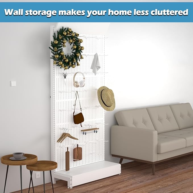 Metal Pegboard Panels - Peg Board Shelving with 30 Hooks,85x36x13 in,Portable Peg Board Organizer for DIY, Kitchen Decoration,Mobile Phone Shop/White