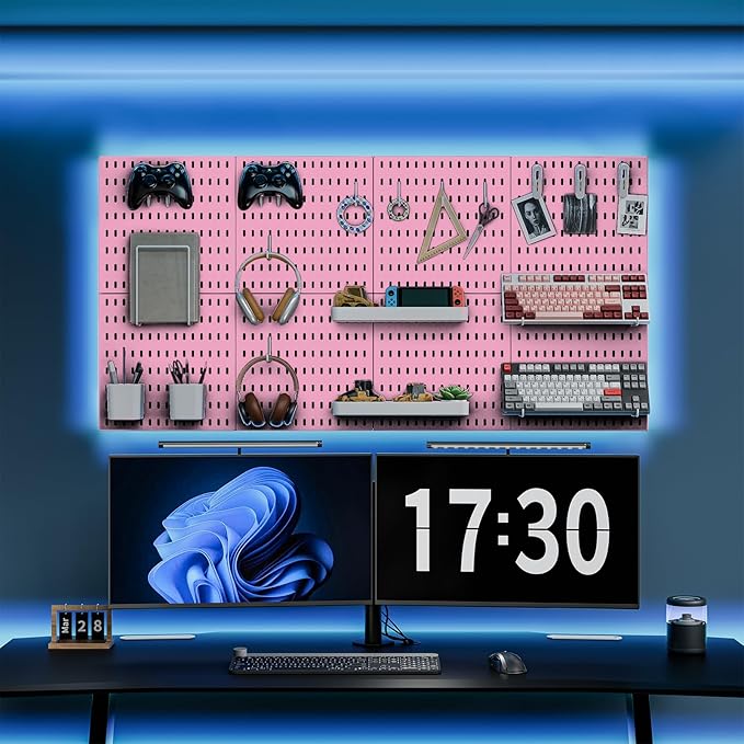Pegboard Combination Kit, Wall Mounted Storage Set with 8 Pegboards & 32 Accessories Hanging, Pink Peg Boards Organizer for Walls Display, Crafts Organization, Kitchen Organizer, 22" x 44"