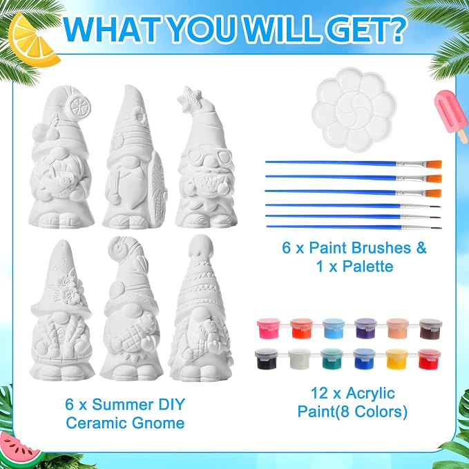 Arrowbash 6 Pcs Summer Beach Gnome Ceramics to Paint 5.1" Ready to Paint Your - Image 3