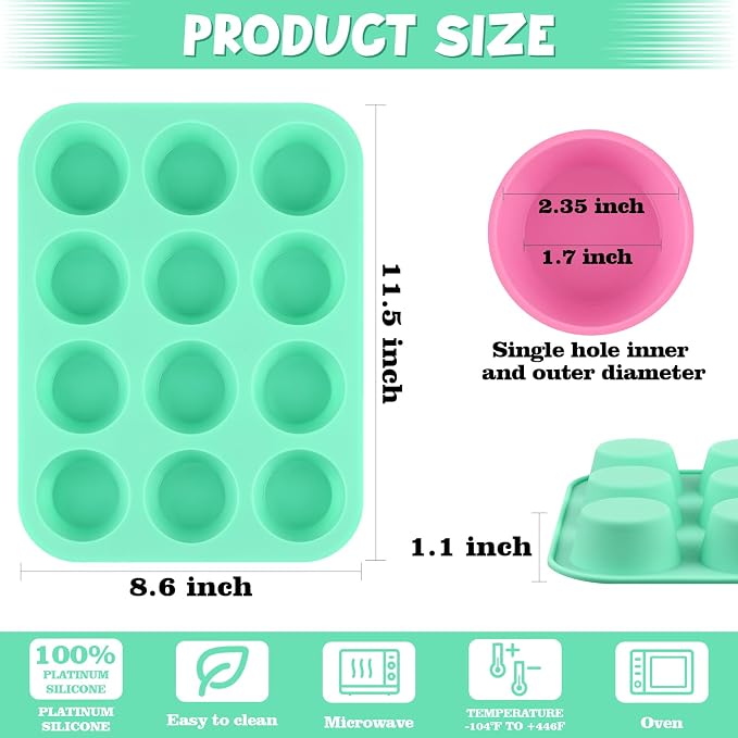 Sakolla 2 Pack Silicone Muffin Pan, Nonsticks 12 Cups Standard Cupcake Pans - Image 3
