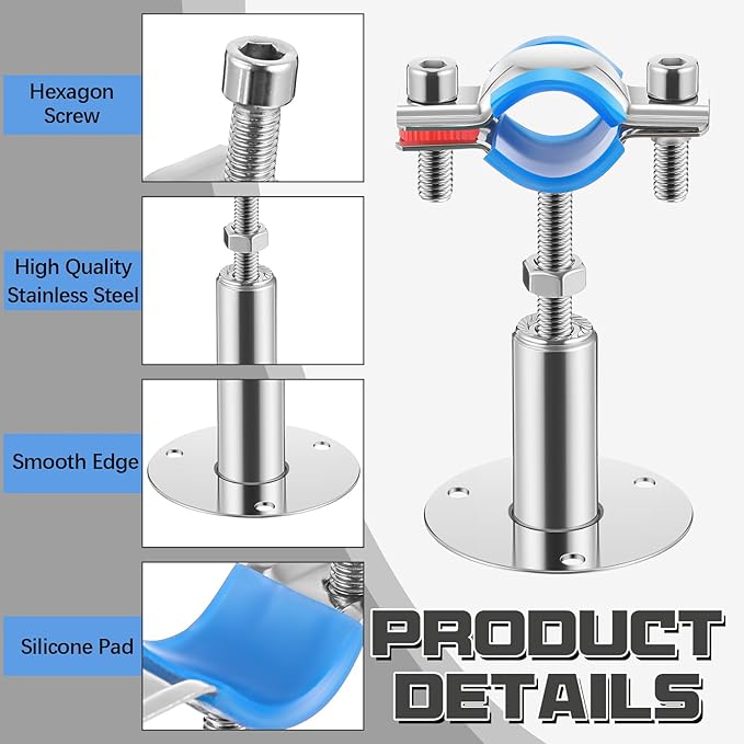 8 Pcs 304 Stainless Steel Wall Mount Ceiling Mount Pipe Supports Bracket, Suitable for OD 1/2"(20-22mm), Adjustable Height 50-100mm, Pipe Strap Clamp with Screws Screwdriver