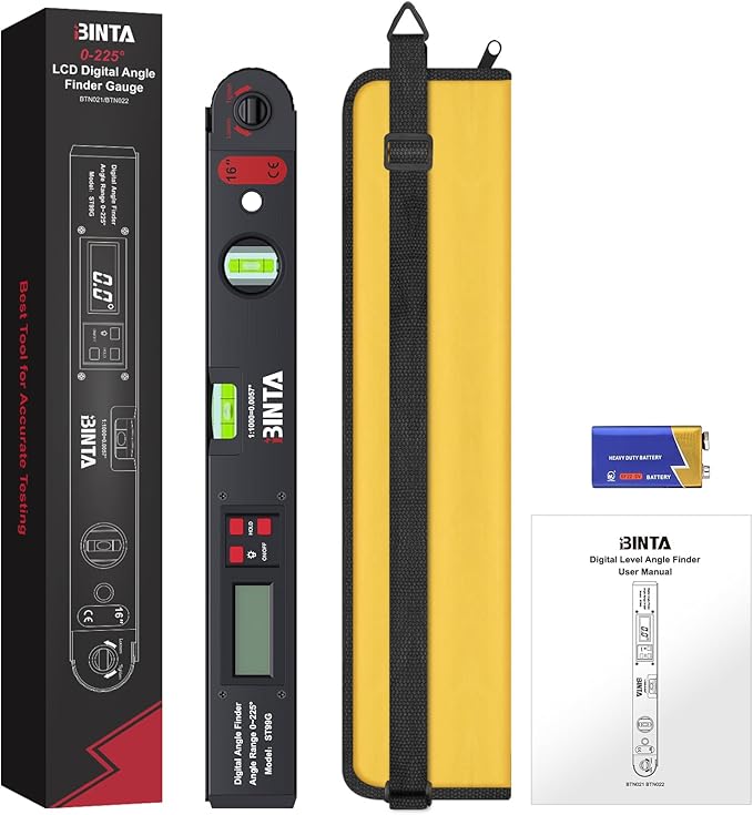 BINTA Digital Angle Finder 0-225° Range, Aluminum Backlit LCD Digital Protractor with Horizontal/Vertical Dual Bubble Meter Storage Bag for Woodworking, Construction, Machinery, Home DIY (Black)