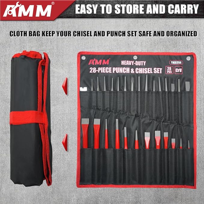 AMM 28 PCS Heavy Duty Punch and Chisel Set, Including Taper Punch, Cold Chisels, Pin Punch and Center Punch, Cr-V, Ideal for Working with Wood, Metal, Automotive, Sculpture, etc