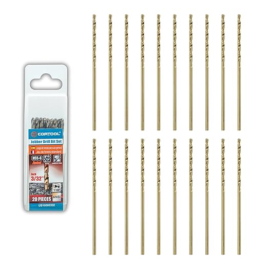 3/32 inch Cobalt Drill Bits (20Pcs), M35 HSS Metal Jobber Length Twist Drill Bit Set for Hard Metal, Stainless Steel, Iron, Copper, Aluminium, Brass, Plastic & Wood