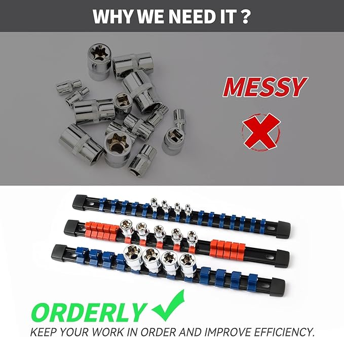 Socket Organizer Drive ABS Tools - Black Socket Holder, Premium Quality 3 Pieces Socket Holders Kit 1/4-Inch x 16 Clips, 3/8-Inch x 15 Clips, 1/2-Inch x 12 Clips(3PC,Black)