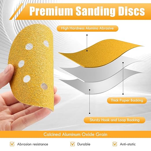 Maxdot 200 Pcs 5 Inch Sanding Discs 8-Hole Hook and Loop Gold Sandpaper, 60-Grit for Random Orbit Sander