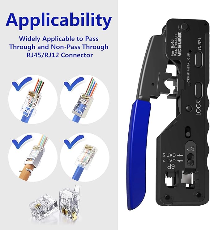 VCELINK RJ45 Crimp Tool Kit for Cat6/Cat7, All-In-One Network Crimper with RJ45 Cat6a/Cat7 Pass-Thru Connectors, Network Cable Tester, Wire Stripper, rj45/rj12/rj11 DIY Repair Set