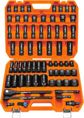 HORUSDY 1/2" Drive Impact Socket Set, 67 Piece, SAE (3/8" to 1-1/4") and Metric (8-24mm), 6 Point, Cr-V, Includes 1/2-Inch Drive Ratchet Handle, Extension Bar, Universal Joint and Adapter