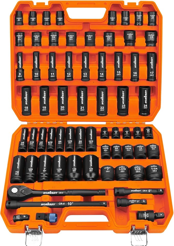 HORUSDY 1/2" Drive Impact Socket Set, 67 Piece, SAE (3/8" to 1-1/4") and Metric (8-24mm), 6 Point, Cr-V, Includes 1/2-Inch Drive Ratchet Handle, Extension Bar, Universal Joint and Adapter