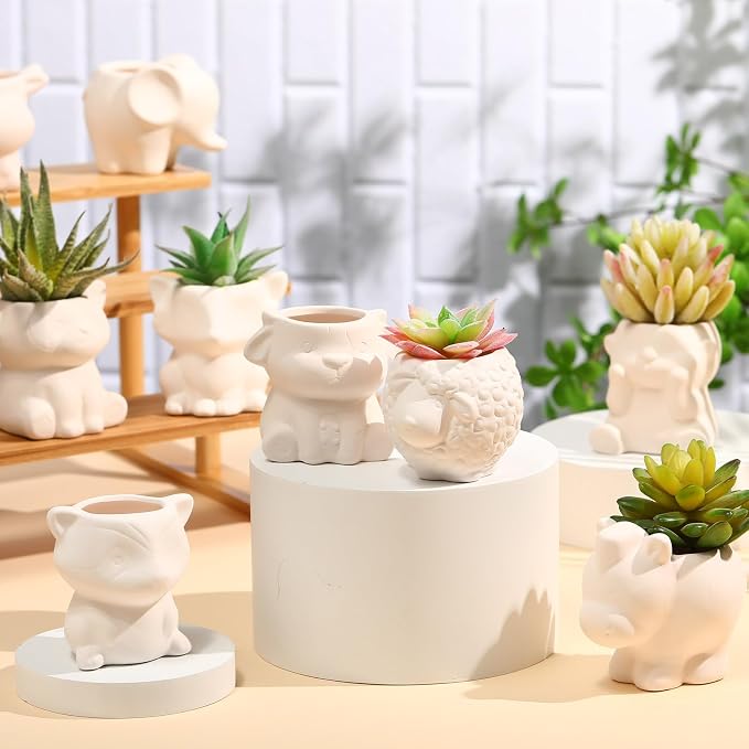 Hushee 12 Sets DIY Ceramic Succulent Pots Ready to Paint Animal Planters - Image 6
