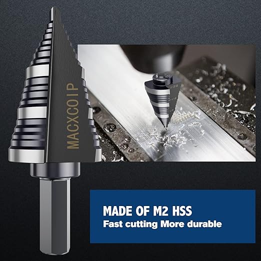 M2 Step Drill Bit, 3/16 to 1-3/8 in, Double Fluted, Cutting Drill Bit for Stainless Steel, Metal, Aluminum, Copper, Wood, PVC