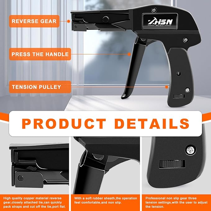 Zhushan Cable Tie Gun and Tool Set - Fastening, Flush Cutting, and Organizing with Steel Handle Zip Tie Tool for Nylon Cable Ties - Includes 50PC Cable Ties