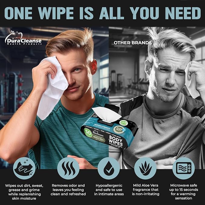 After Gym Body Wipes for Men (4pk) - 200 XL No Rinse Shower Wipes + 16 Travel Bath Sheets - 9"x12" - Mens Deodorant Disposable Washcloths for Bathing, Camping Essentials, Survival Gear and Supplies
