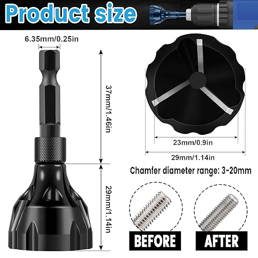 Hakkin 2Pack Hex Shank Deburring External Chamfer Tool with Carbide Blade, Quick Release Deburring Chamfering Drill Bit Repairing Damaged Bolts Screws and Fasteners, Fits for 1/8”-3/4” (3mm-20mm)