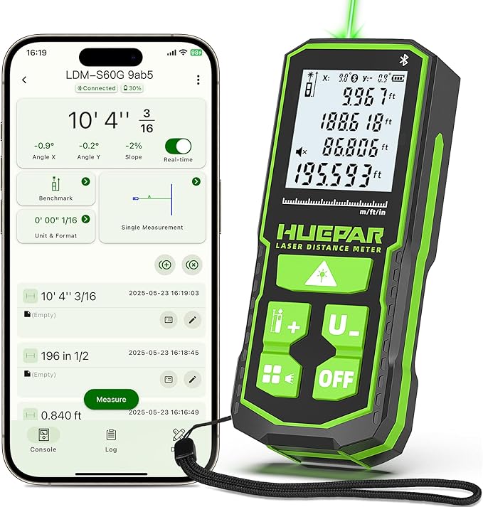 200ft Laser Measuing Tool with Bluetooth APP, Huepar Rechargeable Green Beam Laser Distance Meter ±1/16" High Accuracy, Multiple Measurement Modes, IP54 Durable for Home & Construction