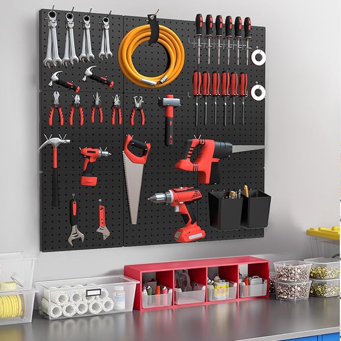 FZK Peg Board, 82PCS Metal Pegboard Wall Organizer Kit. Heavy Duty Pegboard, Peg Boards, Pegboard for Walls, Black Pegboard for Garage Craft Room Workbench Office Kitchen Tool Organization, 36 * 24