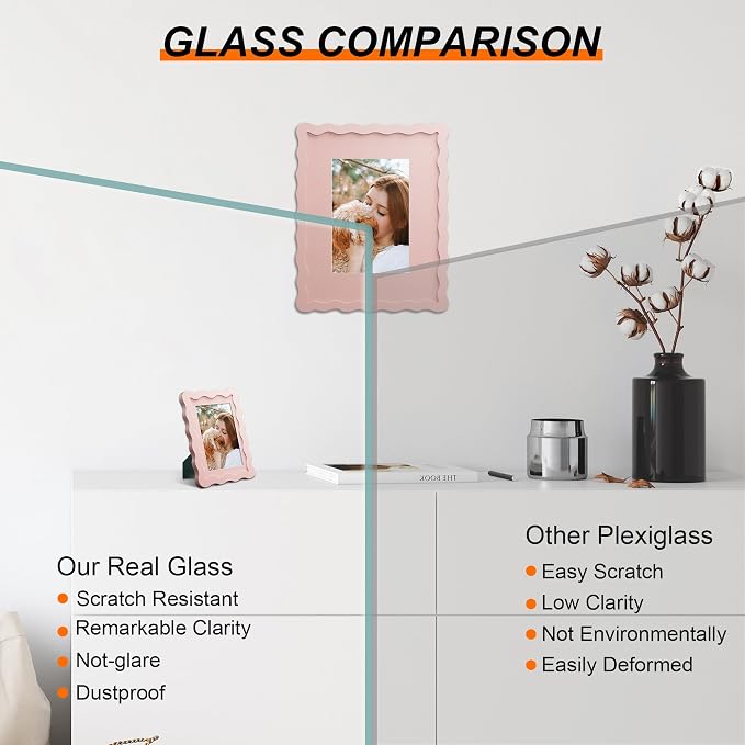8x8 Picture Frame with Mat for 4x4, Wavy Edge Wooden Real Glass Photo Frame for - Image 2