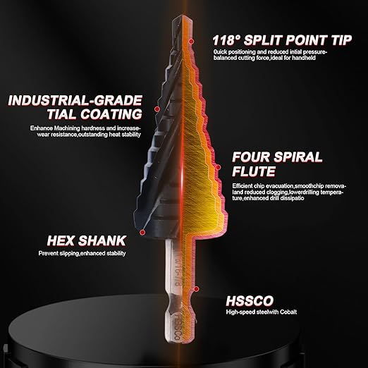 M35 Cobalt Step Drill Bit,Four Spiral Flute Step Drill Bit 1/4"-3/4" （9 Sizes ） Wear-Resistant TiAlN Coated,1/4" Hex Shank Drill for Metal, Stainless Steel, Aluminum, Plastic