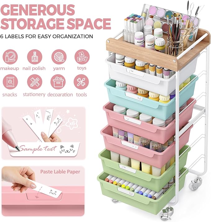 6 Drawer Rolling Cart for Craft Storage, Utility Drawer Organizer - Image 5