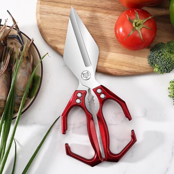 Multi-Purpose Kitchen Scissors,stainless steel scissors,Poultry Shears,Sharpeners Bottle Openers Zester and More Stainless Steel,for opening cans and heavy duty poultry cutting (Red)