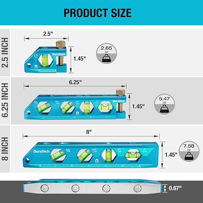 DURATECH 3-Piece Level Tool Set, Magnetic Torpedo Level Included 2.5", 6.25", 8" Leveler with 0°/30°/45°/90° Bubbles, V-Groove, Large Viewing Window, Aluminium Alloy Construction, SAE and Metric Scale
