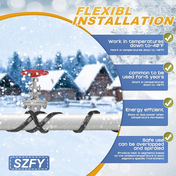 3FT~200FT Heat Tape for Water Pipes, -40°F Deicing Cable,Pipe Heat Cables for Roof,Gutter，Farm，Freeze Protetion Heating Wires, Heated Water Hose,Plumbing Fixtures,120V 5W/FT (140FT)