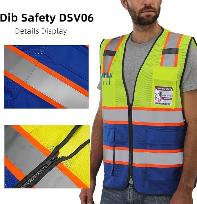 Dib Safety Reflective Mesh Vest High Visibility Two Tone with Pockets and Zipper, Yellow and Blue Mesh with Orange Trim L