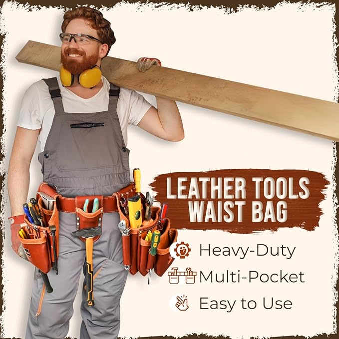 Daisy Leather Tool Belt Pro-202, 28 Pockets, Top Grain Leather, 2.5-inch Padded Belt, Fits 30-52 inch Waist, X-Large (Cherry, X-Large)