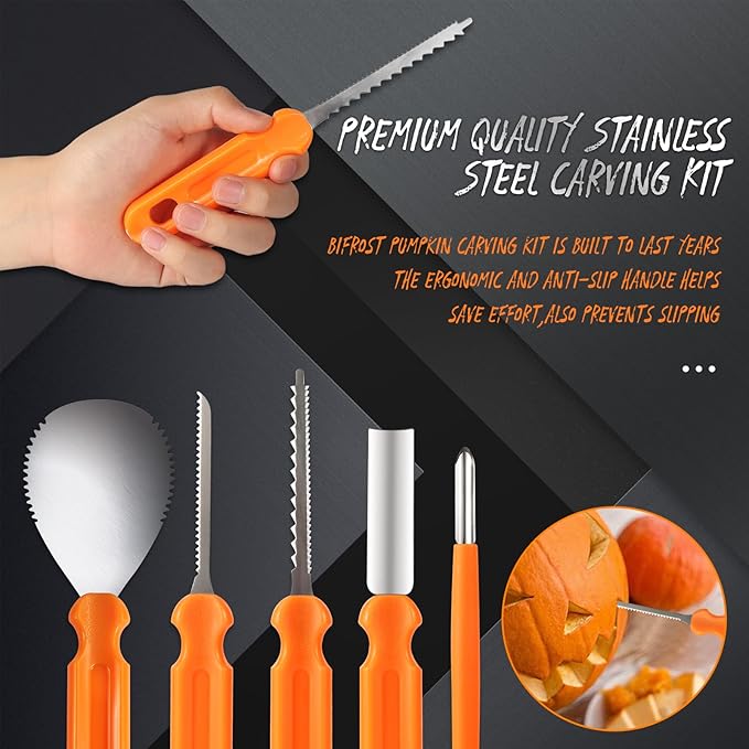 Bifrost Pumpkin Carving Kit, Halloween Pumpkin Carving Tools 22 Piece Premium Stainless Steel Tool Set with Stencils & Convenient Storage Bucket for Effortless Halloween Decorating