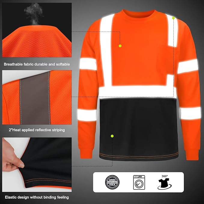 High Visibility Class 3 T Shirts，Hi Vis Safety Shirts with Reflective Strips and Pocket, Long Sleeve Quick Dry Mesh Construction Work Shirt for Men/Women Black Bottom Orange,Large