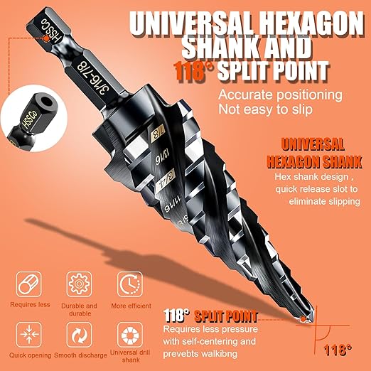 Four Spiral Flute Step Drill Bit for Metal,M35 Cobalt Unibit Step Drill Bit Set 3/16" - 7/8"(12 Sizes),Wear-Resistant AlTiN Coated,1/4" Hex Shank for Metal, Stainless Steel, Aluminum, Plastic
