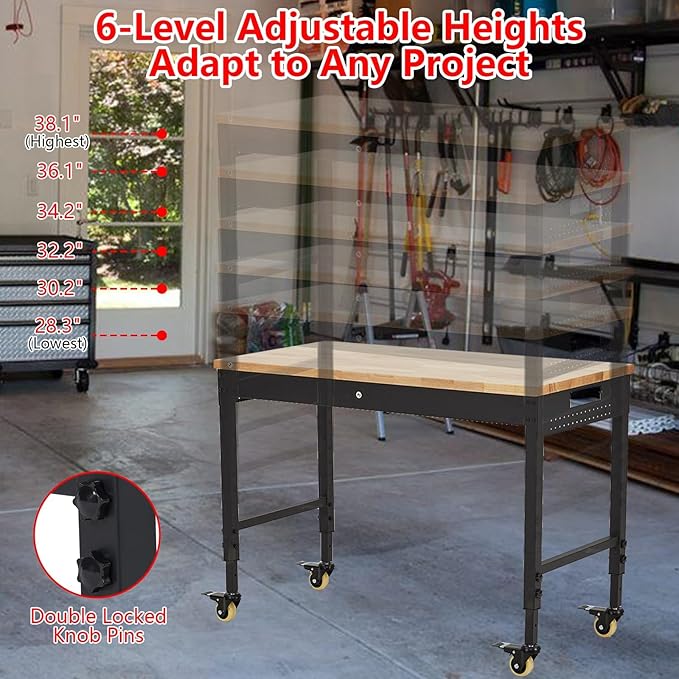 48'' Adjustable Workbench, Heavy Duty Workbench with Power Outlet and Lockable Wheels, 2000 LBS Capacity, Work Table Suitable for Office, Garage, Workshop