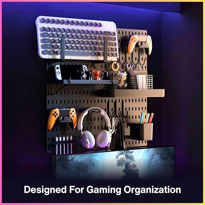 Keepo Pegboard Combination Kit, Pegboards and Accessories Modular Hanging for Gaming Setup, Gaming Station Peg Board, Gaming Organizer, Wall Game Controller Holder, Headset Stand, (Black, 22″×22″)