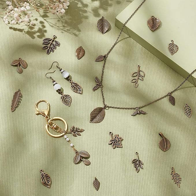 PH PandaHall 150pcs 15 Styles Tree Leaf Charms Pendants, Tibetan Branch Leaves - Image 2