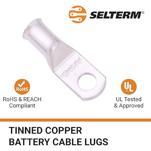SELTERM 2pcs 4 AWG 1/4" Stud Tinned Copper Wire Lugs, Battery Lugs, Ring Terminals, Battery Cable Ends, 4 Guage Ring Terminal Connectors, UL Marine Grade Electrical Battery Terminal Connectors