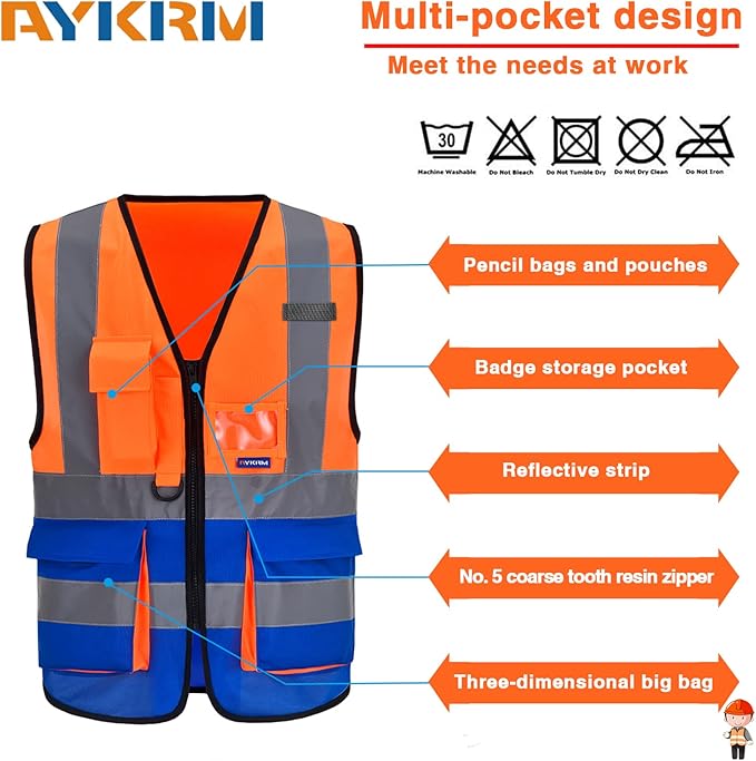 Orange Blue XSMALL High Visibility REFLECTIVE WORK Safety Vest with zipper Reflective Strips 7 Pockets