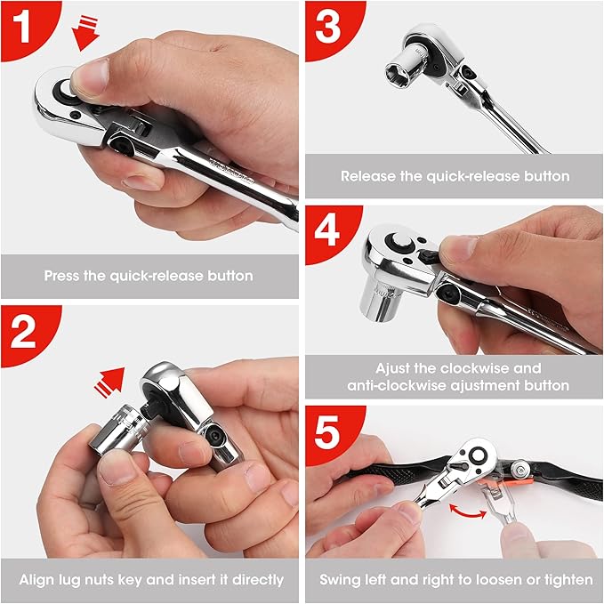 WORKPRO 4-Piece Flex Head Ratchet Set, 1/4", 3/8", 1/2" Drive, 3/8" Stubby, 72-Tooth Ratchet with Chromium Plating Quick Release Reversible Design, 5 Degree Swing