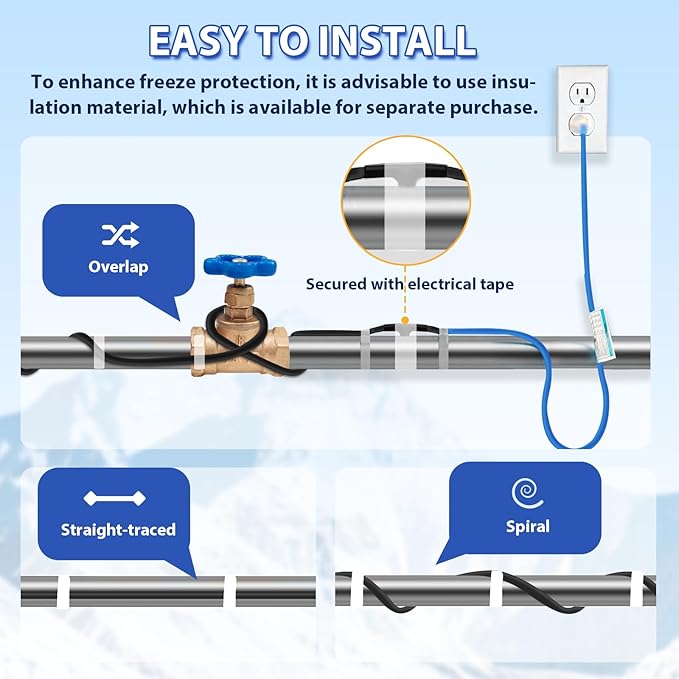120V 6FT Self-Regulating Pre-assembled Water Pipe Heat Cable for Pipe Freeze Protection, Energy-Saving Pipe Heating Cable Keeps Water Flowing at -40°F