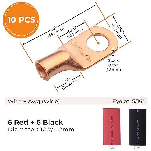 SELTERM 10pcs - 6 Awg 5/16" Stud (Wide) - Battery Lugs - Ring Terminal Connectors with 12pcs 3:1 Black & Red Heat Shrink Tubing with Adhesive, Heavy Duty Battery Cable Ends - Bare Copper Wire Lugs Kit
