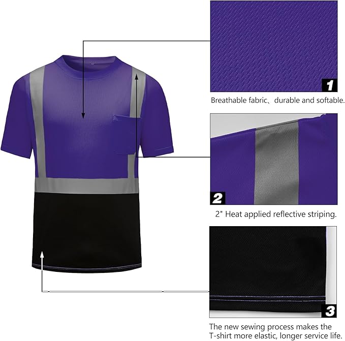 High Visibility Shirts Quick Dry Safety T Shirts with Reflective Strips and Pocket Short Sleeve Mesh Hi Vis Construction Work Class 2 Shirt for Men/Women Black Bottom Purple,Small
