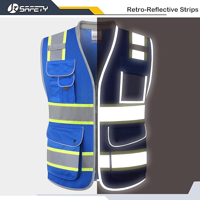 JKSafety 9 Pockets Hi-Vis Safety Vest Breathable Mesh Fabric Cushioned Collar Work Utility PPE Lightweight Industrial Work Gear ANSI/ISEA compliant (101-Blue L)