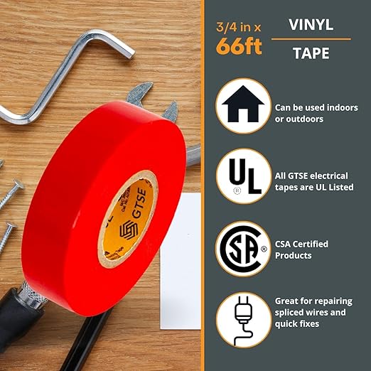 GTSE Red Electrical Tape, 120 Rolls Bulk Box – Waterproof, Industrial Grade Vinyl, 3/4 in x 66ft– Strong Self-Adhesive PVC Electric Tape for Wire Insulation, 7 Mil, 600V – UL/CSA Listed