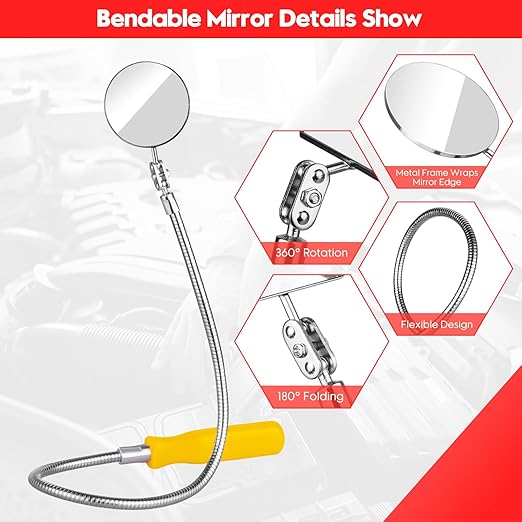 Telescoping Inspection Mirror, 2 Pcs Flexible Retractable Automotive Extension Round Mirror 360 Rotation&Bendable Circular Mirror, Extendable Mirror on a Stick for Checking Vehicle Condition