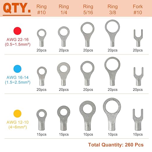 260PCS AWG 22-16 16-14 12-10 Copper Ring Fork Terminals Tin Plated Non-Insulated Electric Wire Connectors