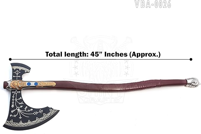 SHINY CRAFTS ® Hand-Forged Bearded Viking Axe – Inspired by Kratos Viking Axe Design Steel Hatchet with Leather Sheath & Wood Handle (VBA-26)