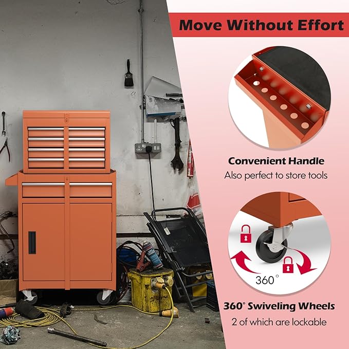 Goplus Tool Chest, 5 Drawers Rolling Tool Cabinet with Detachable Top Toolbox, Universal Lockable Wheels, Lock Bar, Protective Liner & Tool Rack, Metal Tool Storage Cart, Tool Box for Garage Workshop